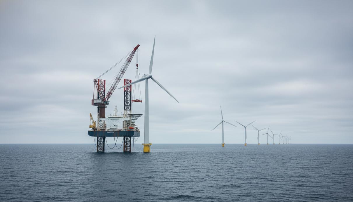 Монтажное судно-платформа устанавливает огромную ветряную турбину на фундамент в открытом море на фоне других ветрогенераторов.