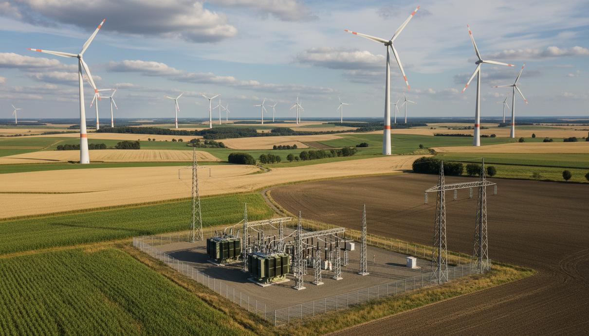 Современные ветряные турбины в поле на фоне неба и электроподстанция, обеспечивающая подключение к энергосистеме.