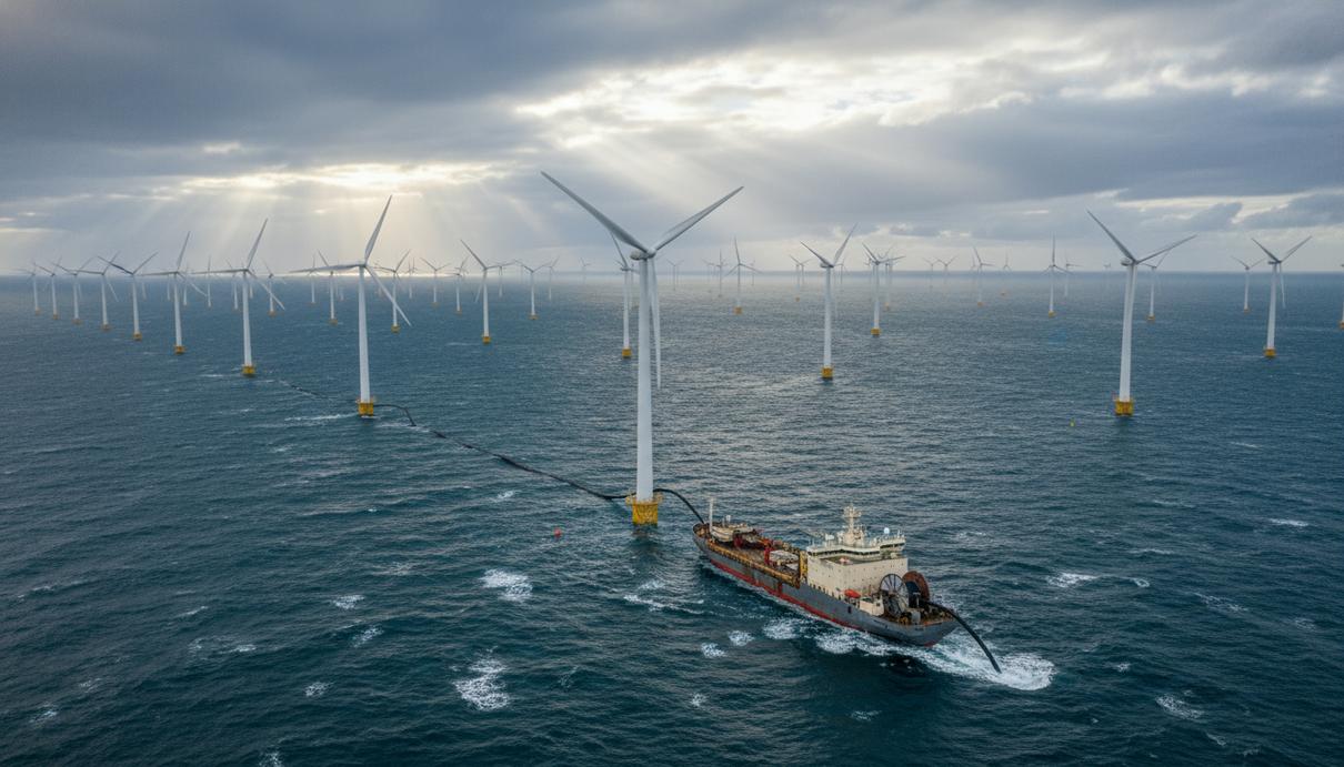 Морская ветряная электростанция в море и судно-кабелеукладчик, прокладывающее силовой кабель по морскому дну.