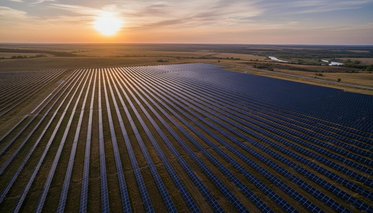Бескрайнее поле солнечных панелей на крупной электростанции, уходящих за горизонт в сельской местности на рассвете.