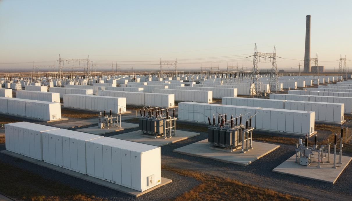 Крупная станция хранения энергии: ряды белых аккумуляторных блоков на промышленной площадке с трансформаторами.