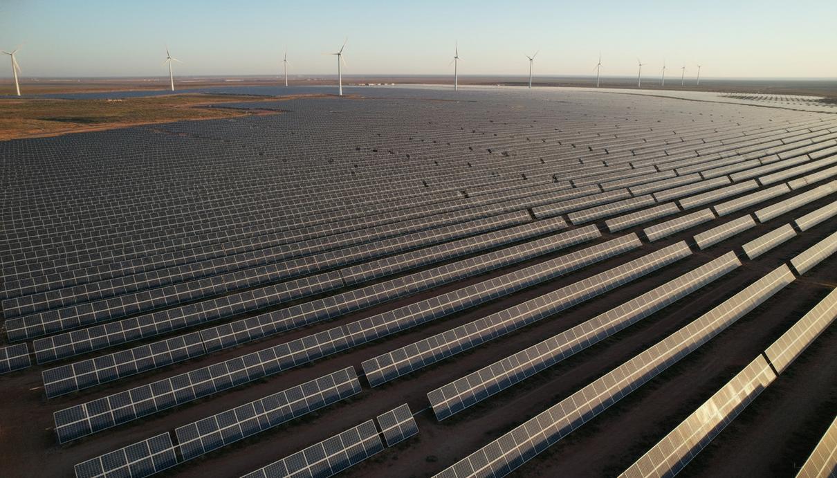 Огромное поле солнечных панелей, уходящее за горизонт, с ветряными турбинами на заднем плане. Вид с воздуха.