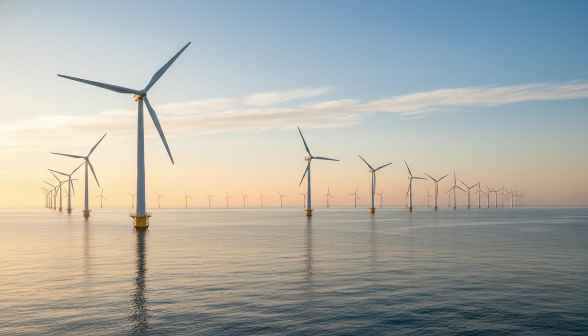Ряд высоких ветряных турбин морской электростанции, установленных в спокойном море на фоне восходящего солнца.