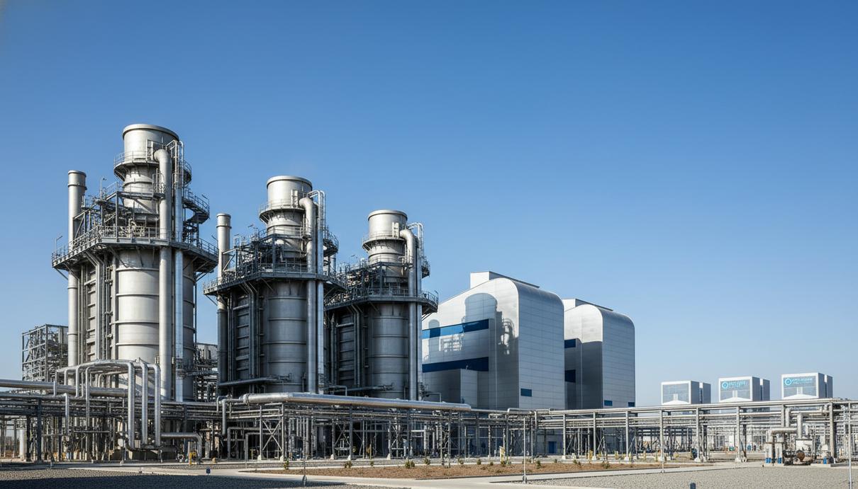 Промышленный комплекс газовой электростанции с четырьмя энергоблоками на открытой местности