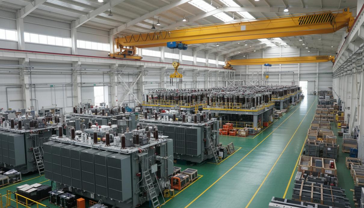 Большой промышленный цех с массивными электрическими трансформаторами и высоковольтным оборудованием