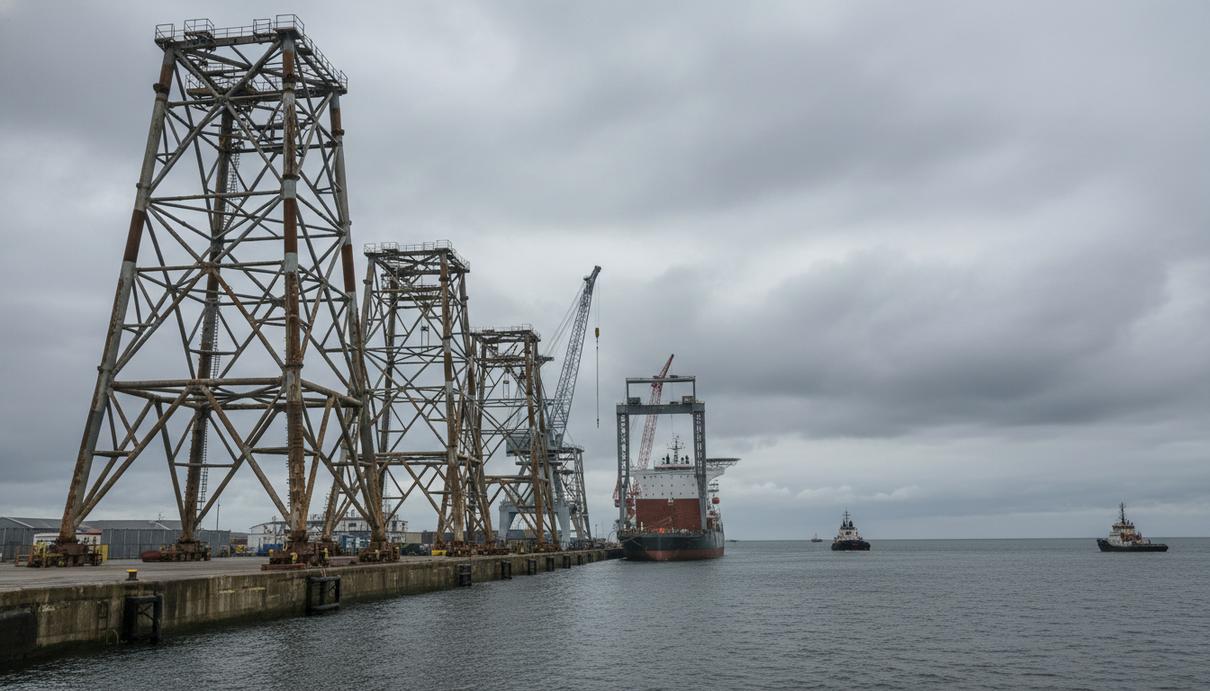 Массивные стальные решетчатые основания для ветрогенераторов в порту на фоне моря и причалов