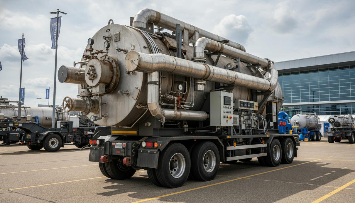 Мобильная водотрубная котельная установка на грузовом прицепе на открытой промышленной площадке