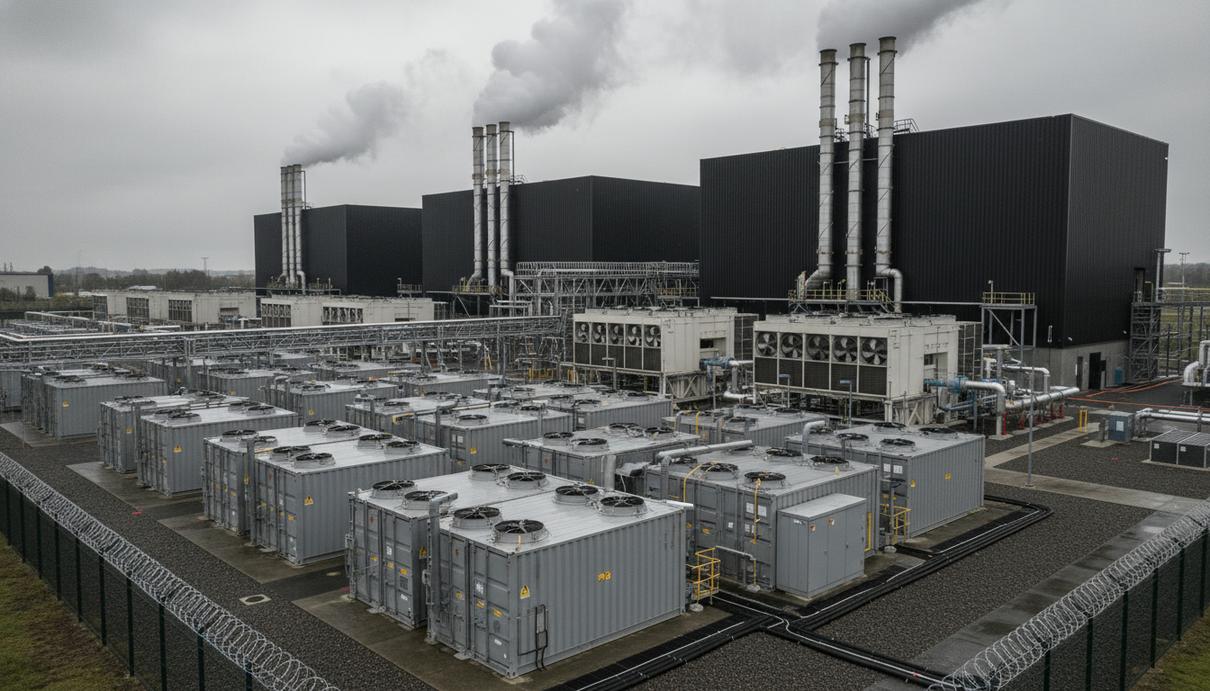 Промышленный энергоцентр с газовыми установками и контейнерами для хранения энергии на территории дата-центра