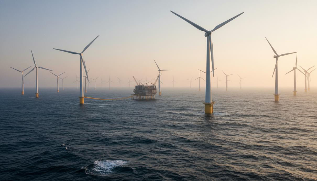 Ряды морских ветряных турбин и распределительная подстанция в открытом море при дневном свете