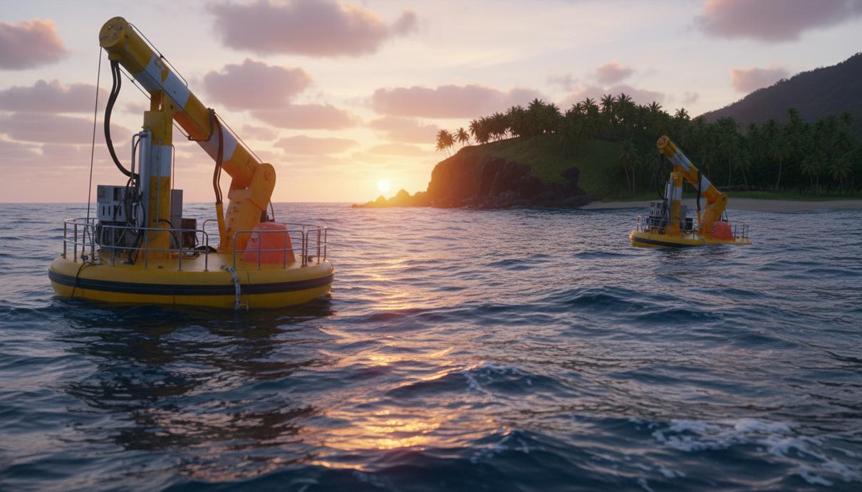 Промышленные буи волновой электростанции на поверхности океана у побережья тропического острова.