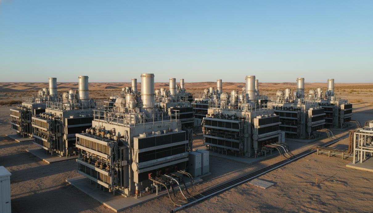 Газопоршневые генераторные установки на промышленной площадке в Пермском бассейне под ясным небом.