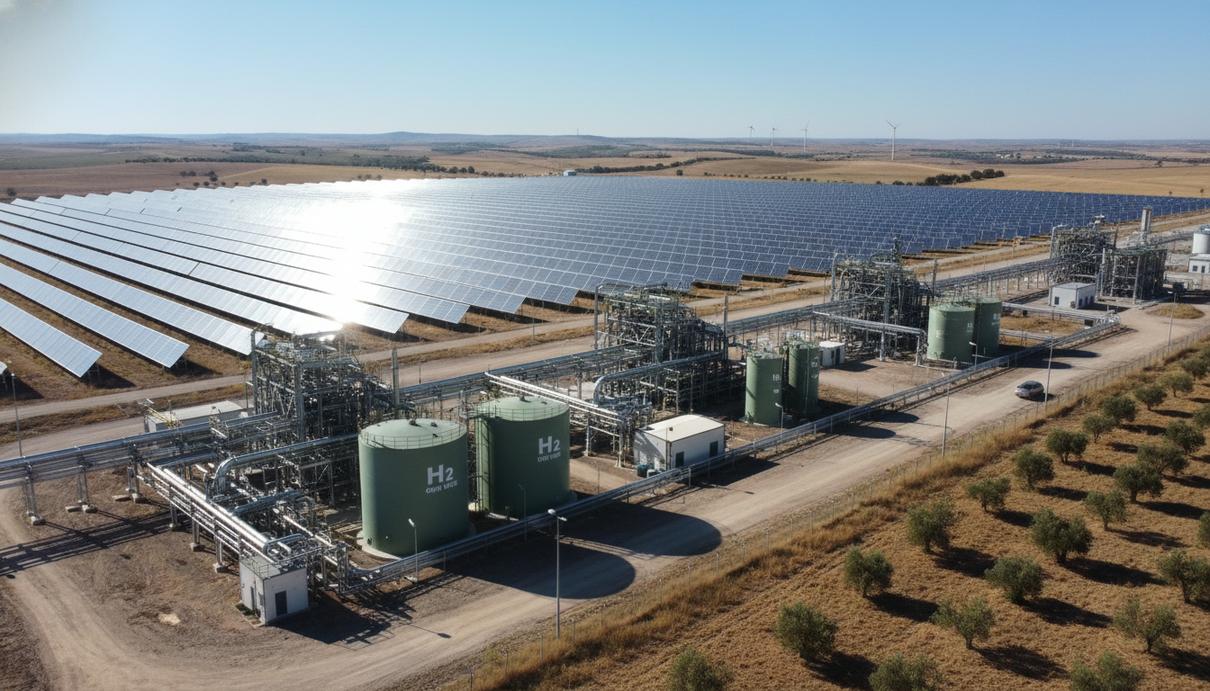 Ряды солнечных панелей на фоне промышленной установки по производству водорода и труб в Испании.