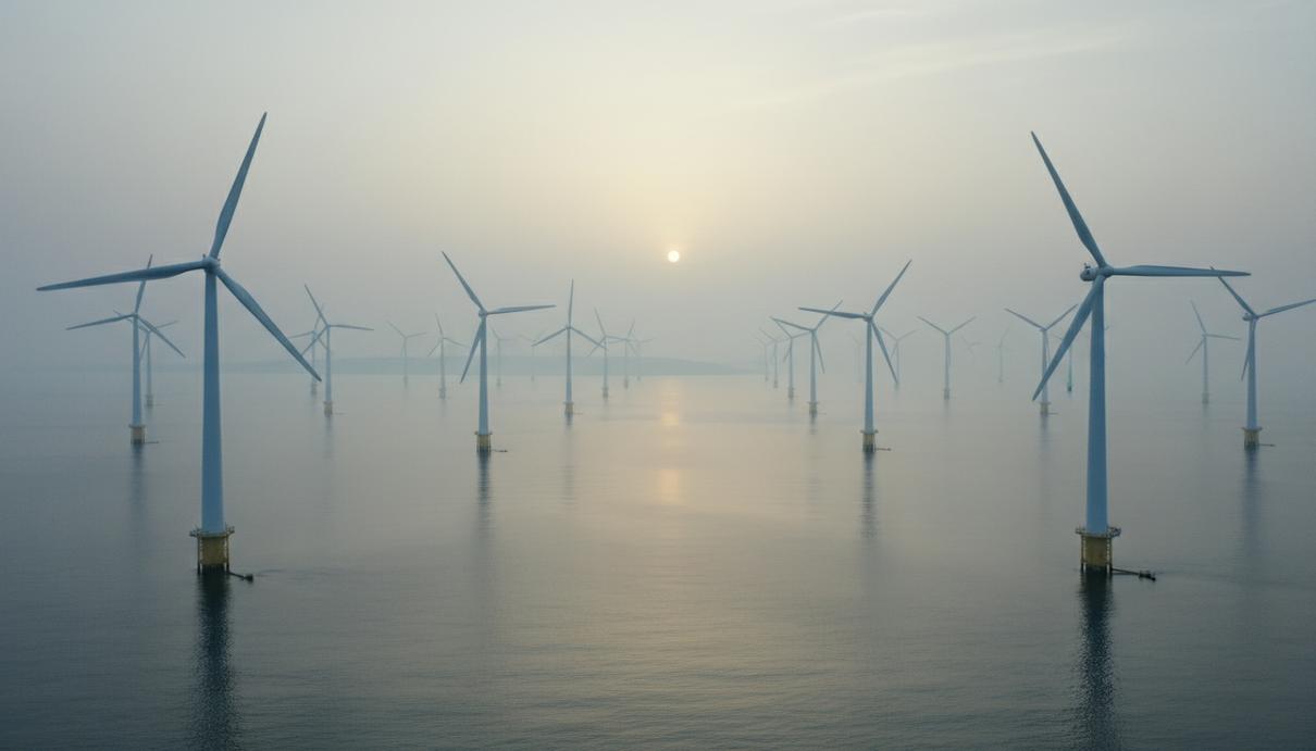 Ряд современных ветрогенераторов морской ветроэлектростанции в открытом море у берегов Англии