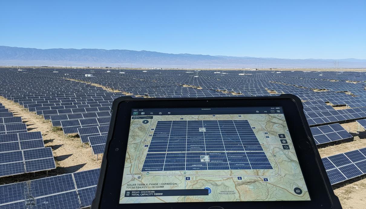 План размещения солнечных панелей на экране планшета на фоне масштабной фотоэлектрической станции.