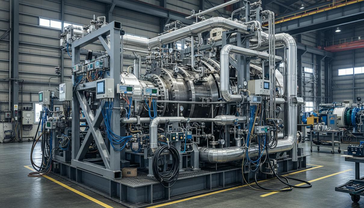 Промышленная газовая турбина и сеть трубопроводов на испытательном стенде в Японии