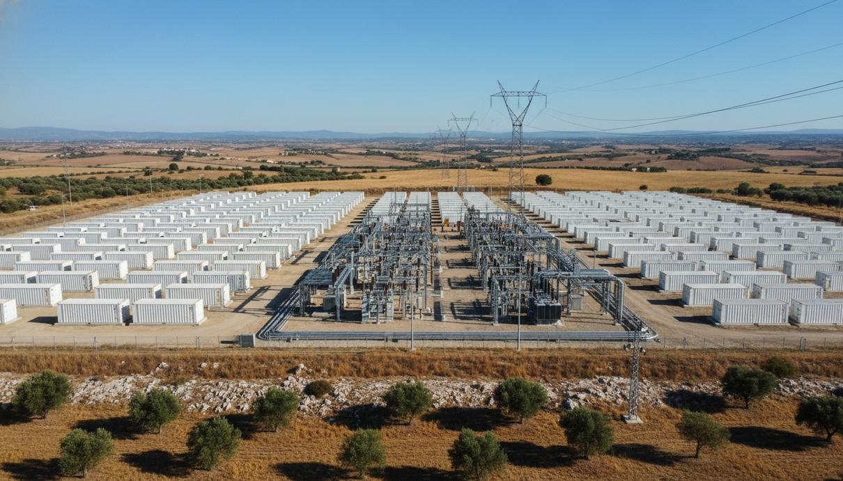 Масштабная площадка с рядами белых контейнеров системы накопления энергии и электрическими подстанциями.