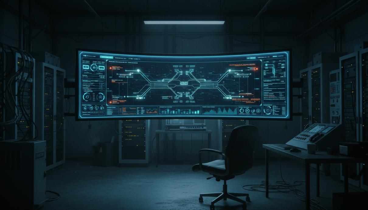 Интерфейс системы управления интеллектуальными энергосетями на мониторе в техническом помещении