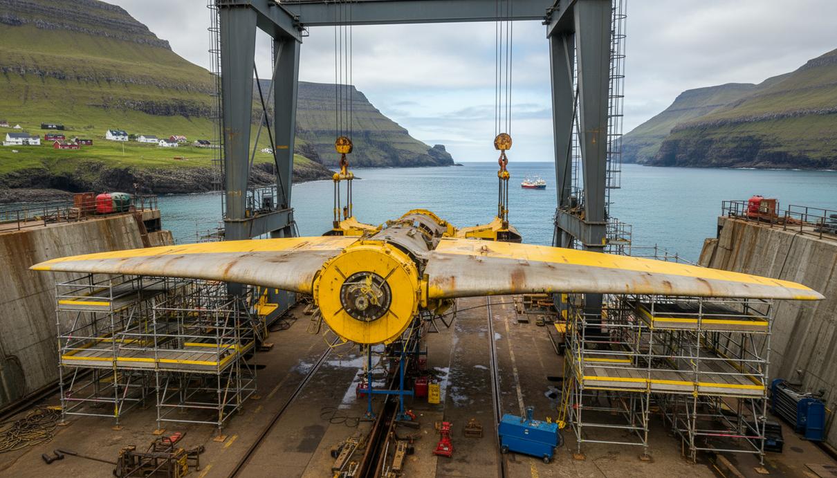 Желтая приливная установка на берегу в порту Фарерских островов