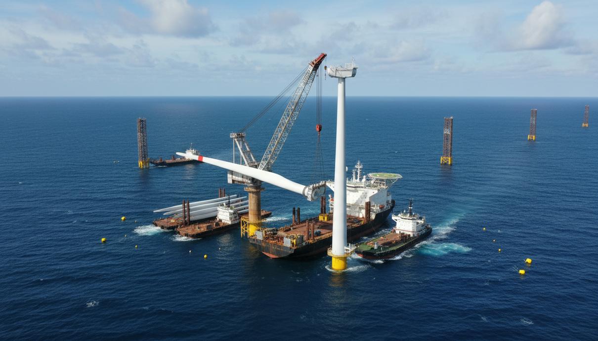 Кран монтажного судна устанавливает лопасть ветрогенератора на мачту в открытом море