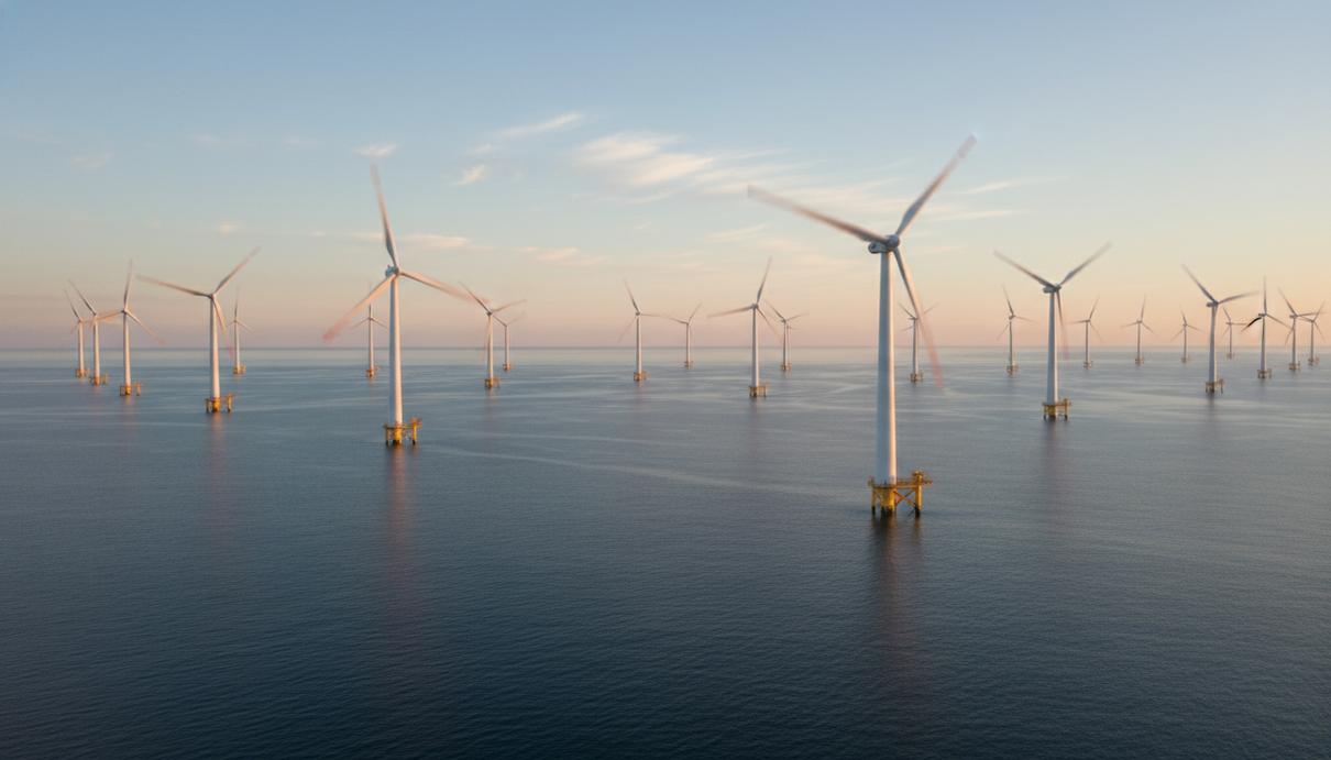 Морские ветряные турбины в открытом море на фоне ясного неба