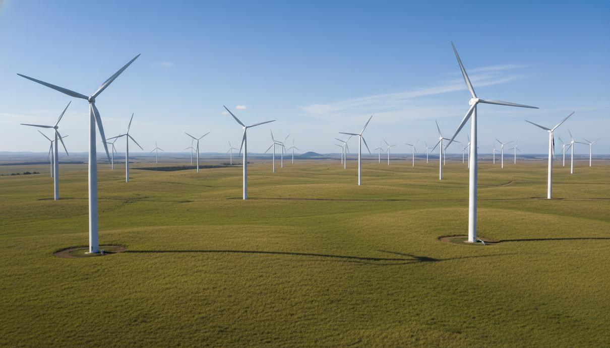 Ряд белых ветряных турбин на открытой равнине в штате Риу-Гранди-ду-Норти в Бразилии.