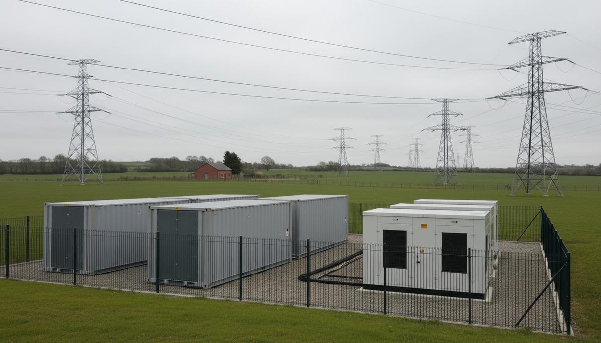 Промышленные контейнеры с аккумуляторами и небольшая электростанция на фоне линий электропередачи.