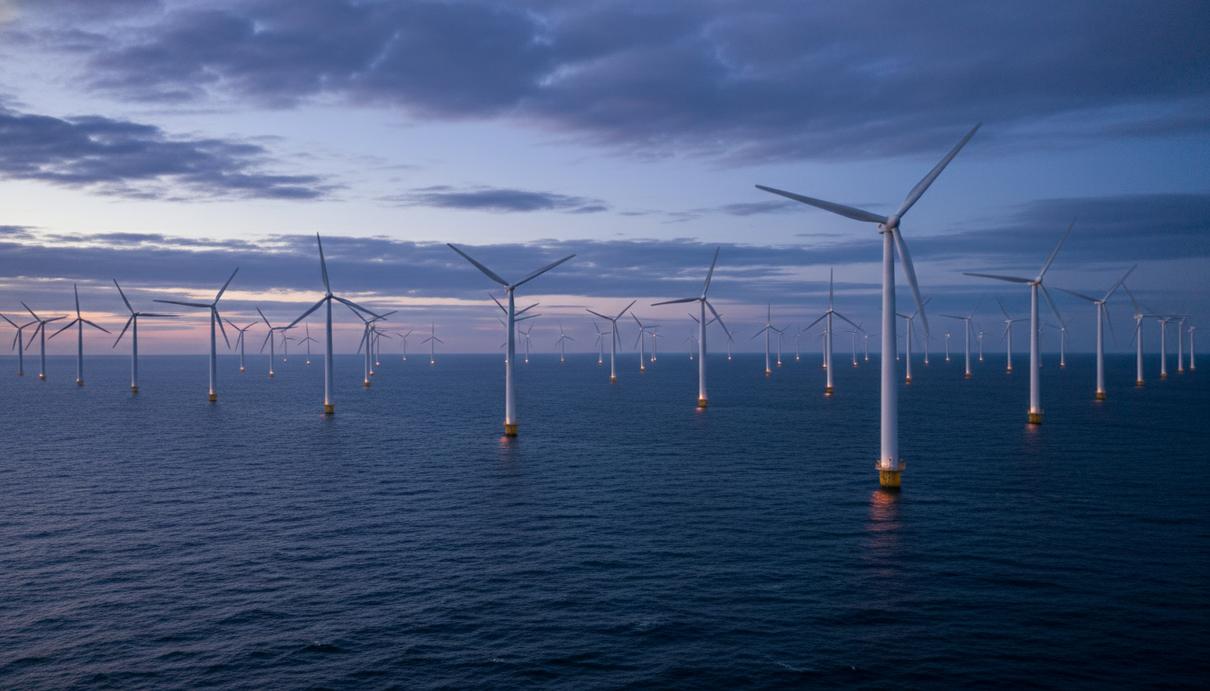 Морская ветряная электростанция с белыми турбинами в открытом море под облачным небом