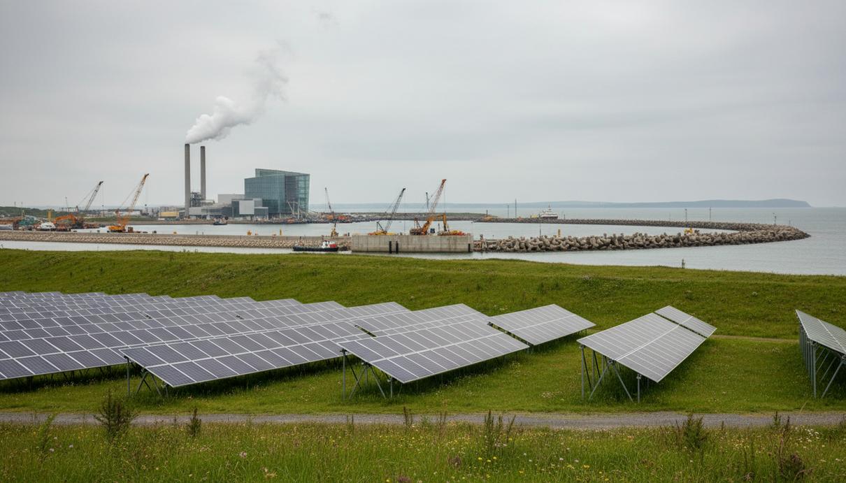 Солнечные батареи на зеленом холме у берега моря и морская энергетическая инфраструктура вдали.