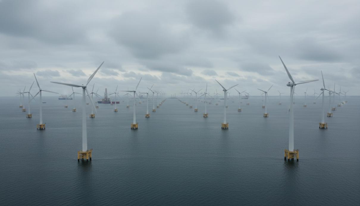 Ряд морских ветрогенераторов в открытом море на фоне облачного неба и спокойной воды