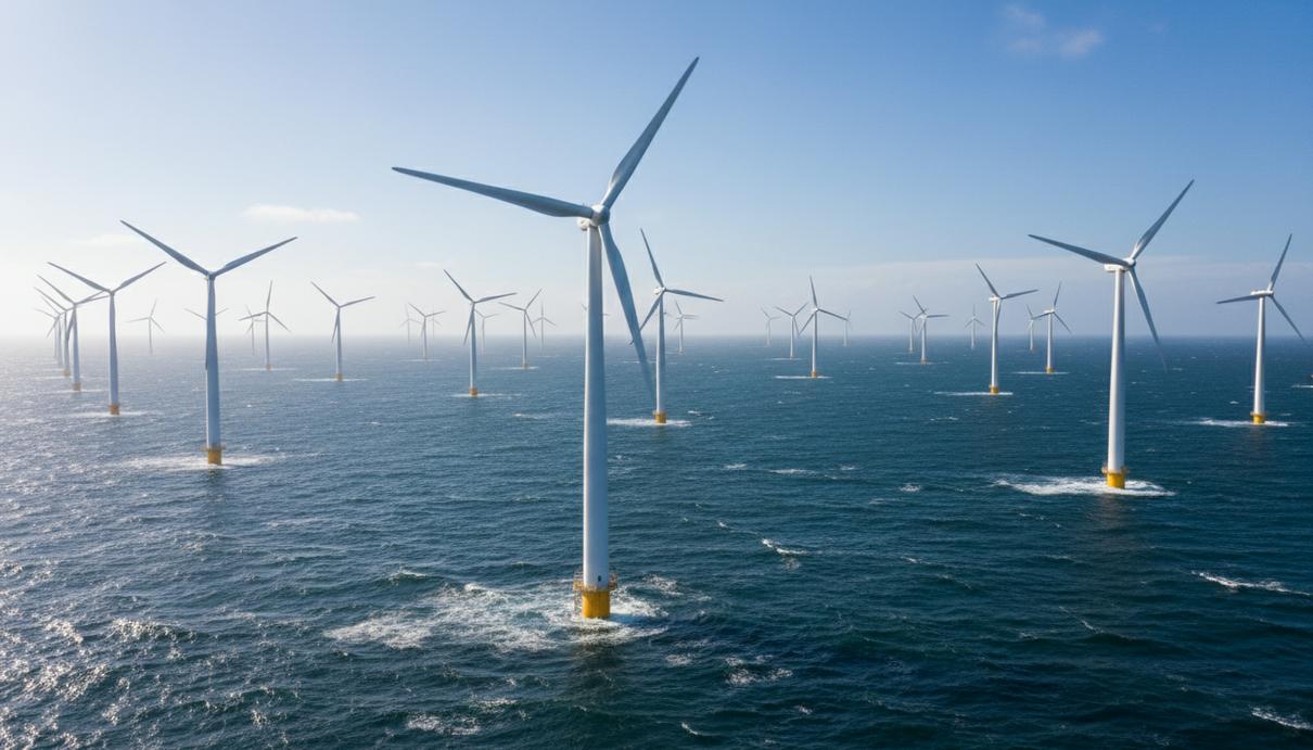 Морской ветропарк с белыми турбинами в открытом море под ясным небом.