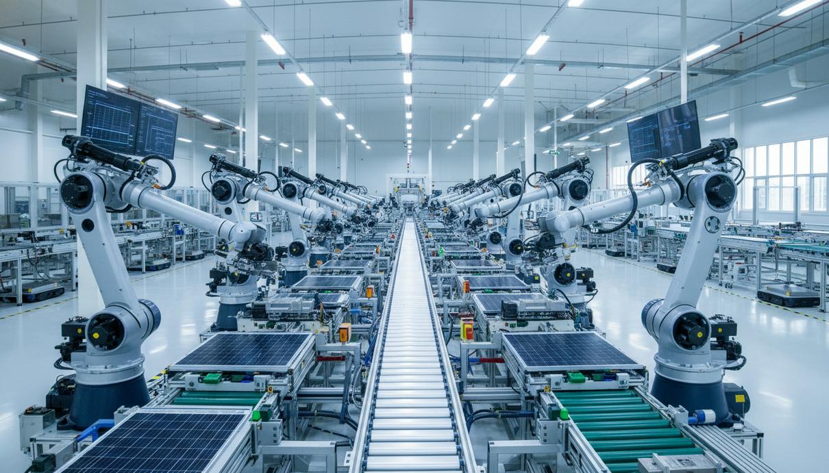 Автоматизированная линия по сборке солнечных панелей в цехе современного завода.