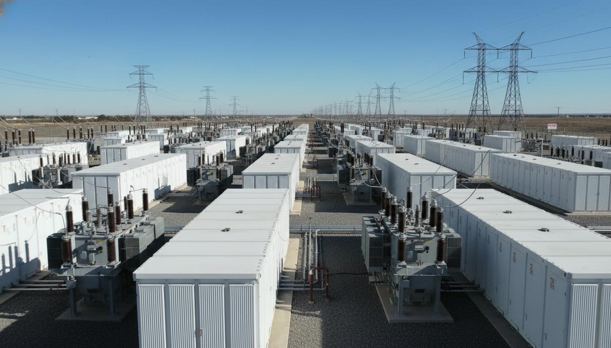 Ряды белых контейнеров промышленной системы накопления энергии на открытой площадке.