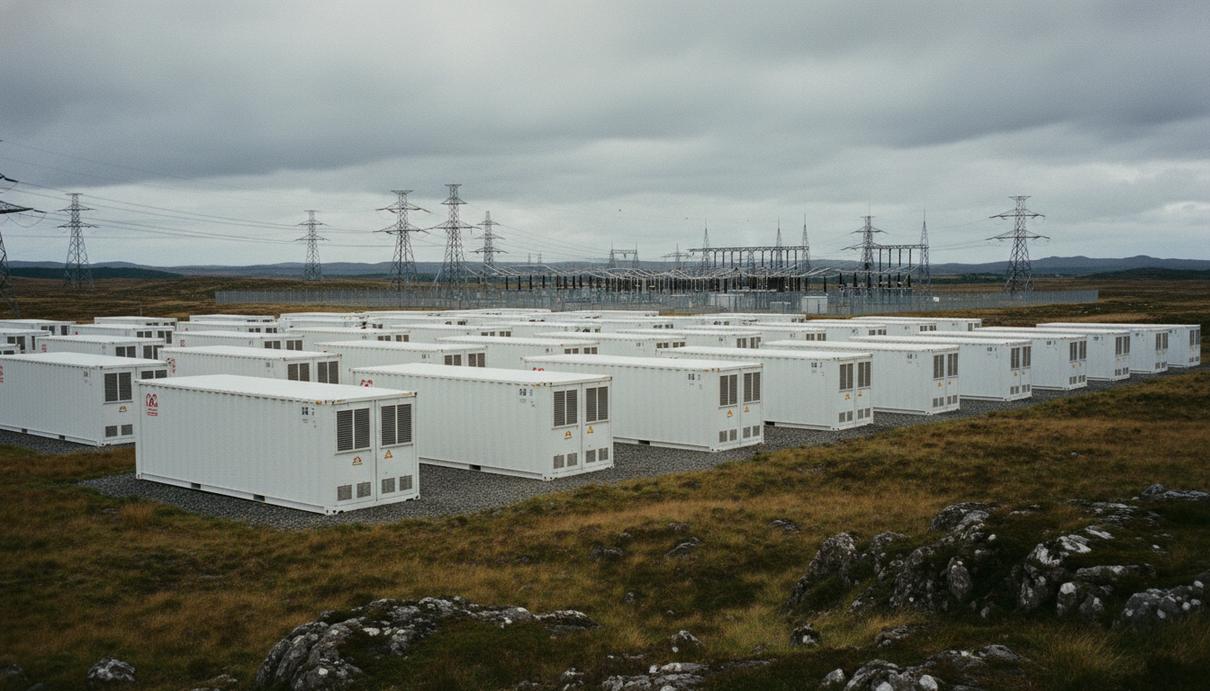 Ряды белых промышленных контейнеров системы хранения энергии на фоне открытой местности под серым небом