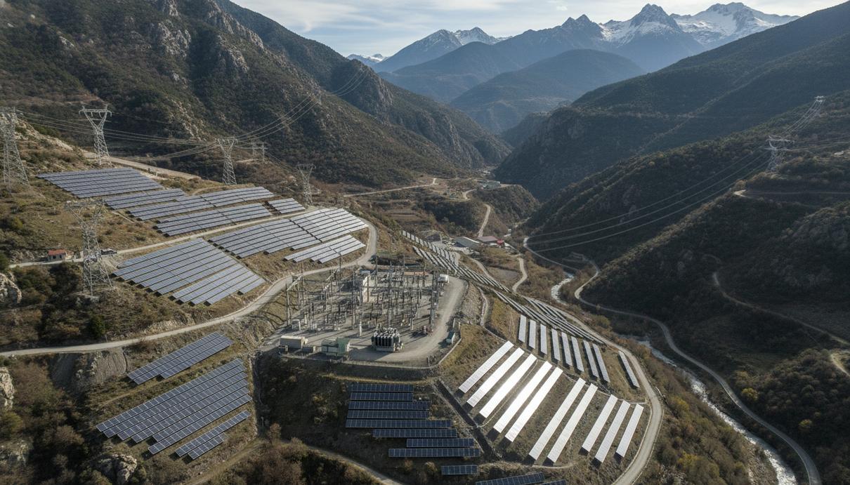 Солнечные панели и линии электропередачи на фоне горных хребтов Андорры