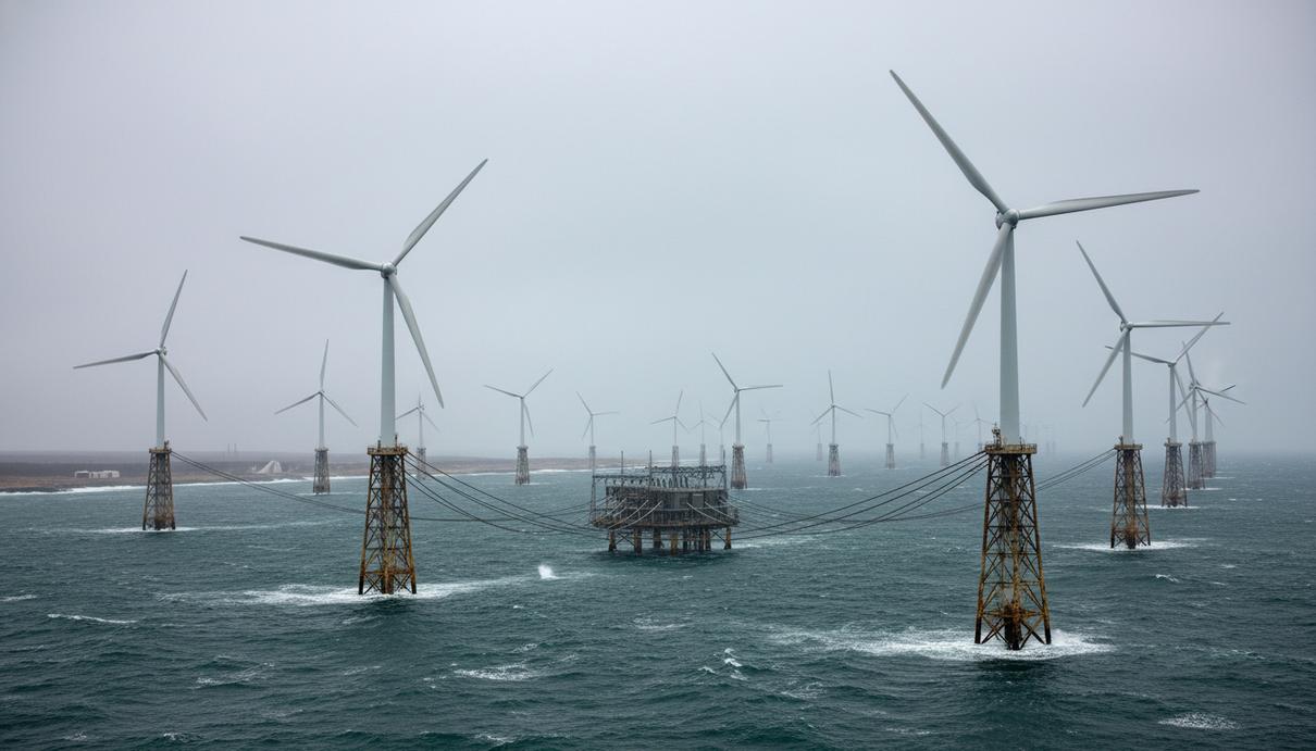 Морские ветрогенераторы у побережья Новой Шотландии в пасмурную погоду