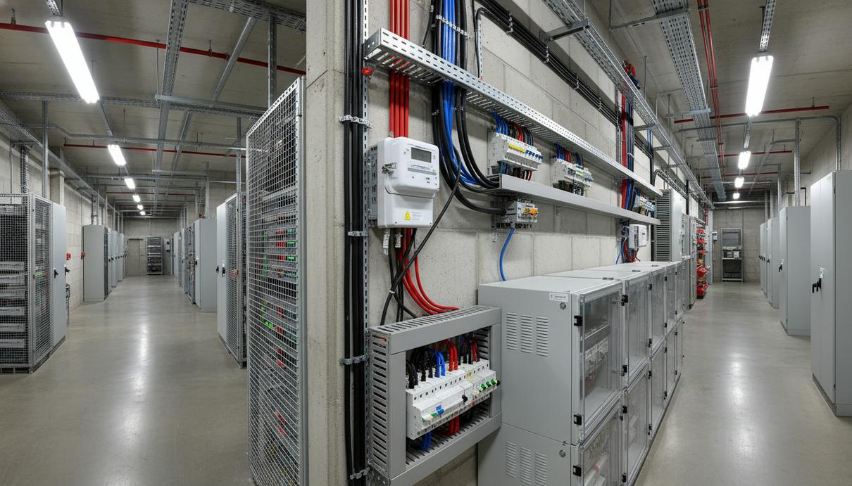 Современный цифровой счетчик электроэнергии, установленный на распределительном щите в помещении.