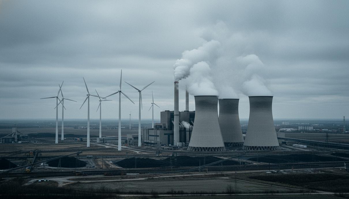 Угольная электростанция с дымящими градирнями и ветрогенераторы на фоне пасмурного неба в Германии.