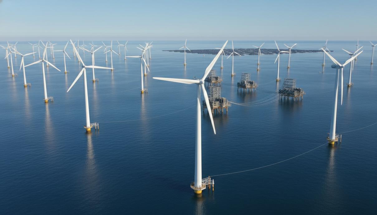 Морские ветряные турбины в открытом море и солнечные панели на берегу под ясным небом