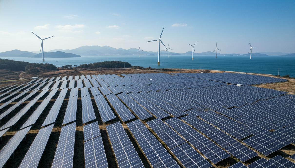 Южная Корея доведет долю возобновляемой энергии в генерации до 20 процентов Солнечные панели и ветряные турбины на морском побережье Южной Кореи.