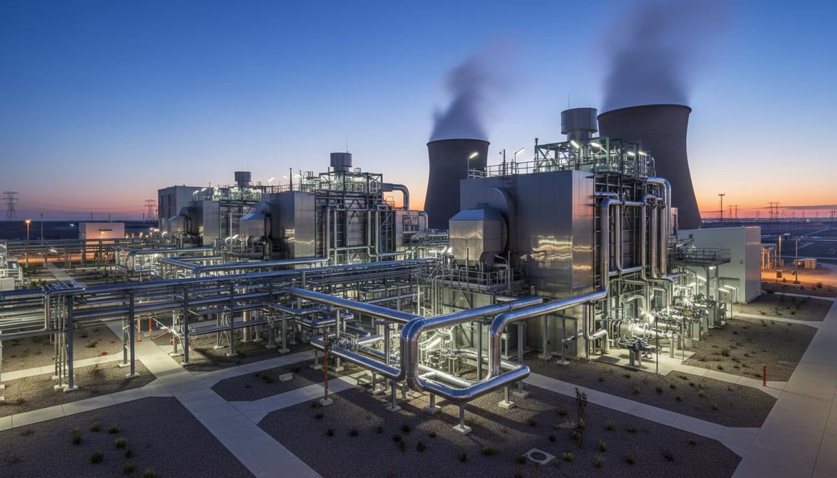 Hanwha Group объединяет энергетические подразделения под брендом Hanwha Power Промышленный объект с газотурбинной установкой и сложной системой трубопроводов в вечернем освещении