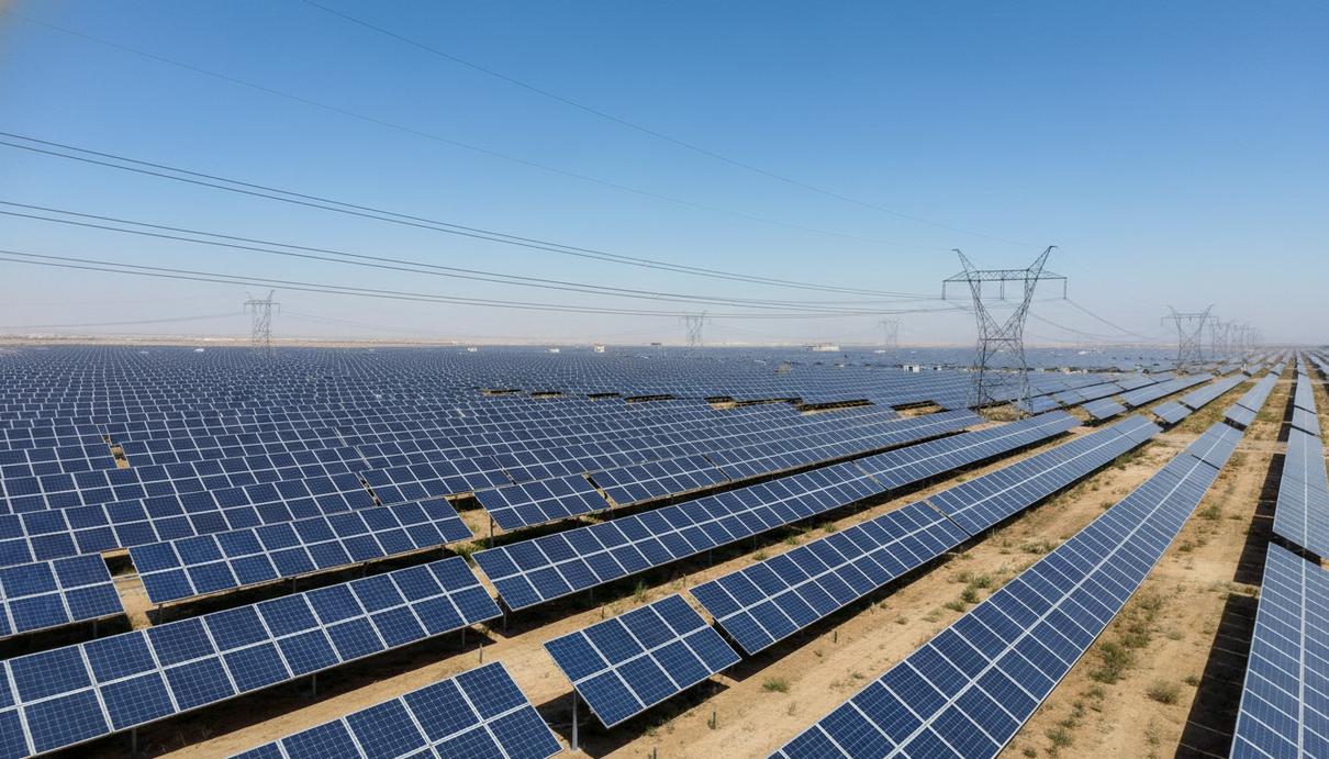 Кредитные рынки Индии отдают приоритет проектам в возобновляемой энергетике Масштабная солнечная электростанция в Индии с рядами панелей и опорами линий электропередачи