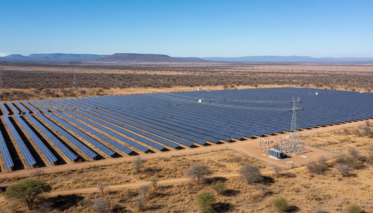 Voltalia запустила солнечную электростанцию для нужд Rio Tinto в ЮАР Ряды солнечных панелей электростанции на фоне засушливой равнины и холмов в провинции Лимпопо.