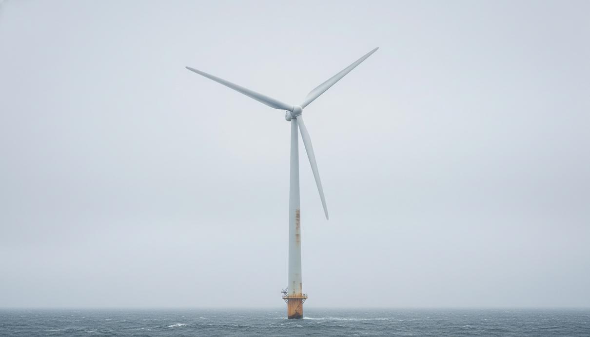 Морская ветряная турбина с тремя лопастями в открытом море на фоне серого горизонта и облаков