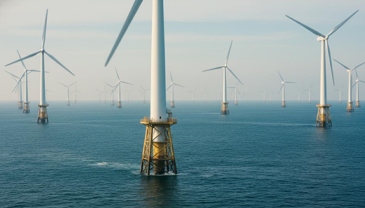 China Huaneng Group запустила морскую ветроэлектростанцию мощностью 504 МВт Морские ветрогенераторы на стальных опорах-фермах в открытом море на фоне горизонта.