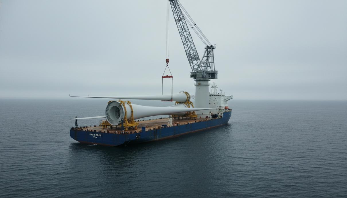 Процесс установки башни и лопастей морского ветрогенератора специализированным судном в открытом море