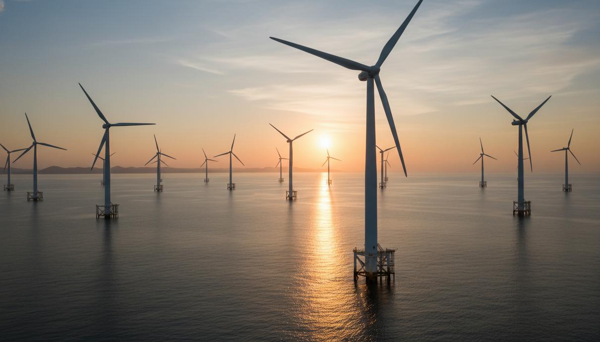 В Бразилии создана коалиция для развития сектора морской ветроэнергетики Ряд морских ветряных турбин в Атлантическом океане у побережья Бразилии в лучах заходящего солнца