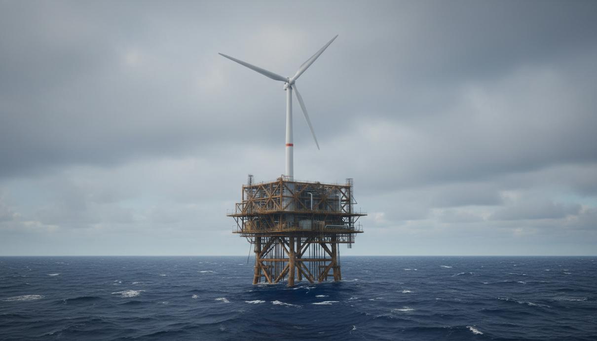 Проект плавучей ветроэлектростанции TwinHub в Британии лишился господдержки Плавучая ветряная турбина на металлической платформе в открытом море под облачным небом