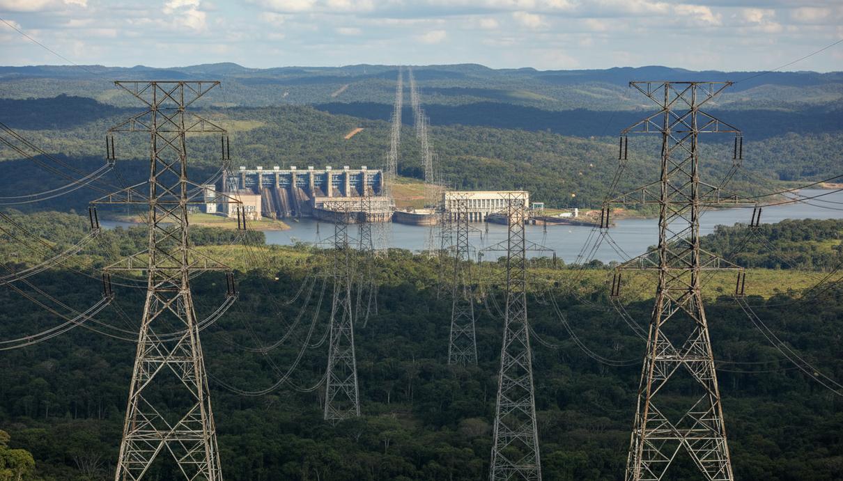Испанская Iberdrola увеличивает долю в бразильской Neoenergia до 98% Высоковольтные линии электропередачи и опоры на фоне холмистого ландшафта и гидроэлектростанции.