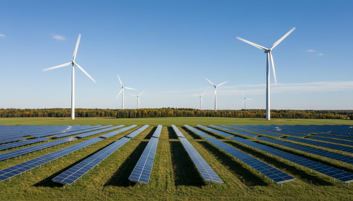 Солнечные батареи и ветряные электростанции на просторном поле в Онтарио под ясным небом