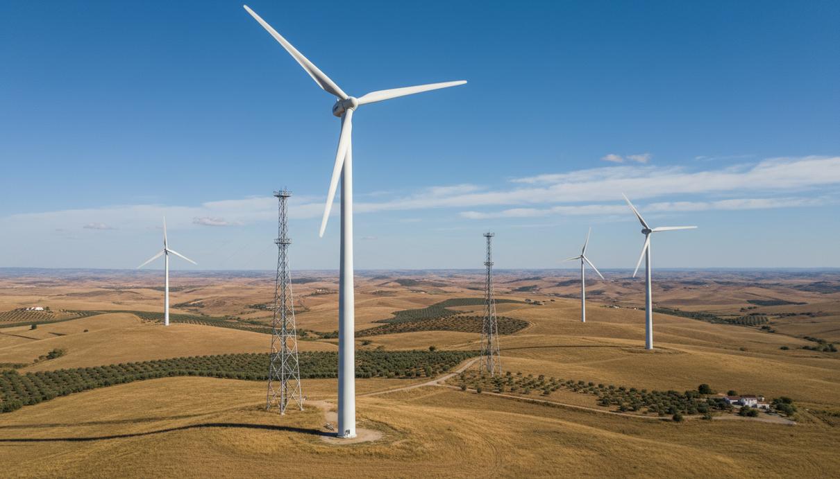 Несколько современных ветрогенераторов на стальных башнях среди холмистой равнины в Испании